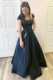 A Line Cap Sleeves Black Satin Prom Dress With Pockets