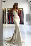 Sexy Mermaid V-Neck Ivory Satin Prom Dresses Formal Gowns