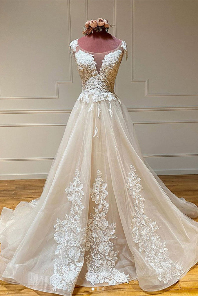 Gorgeous A Line Sleeveless Tulle Lace Long Wedding Dress