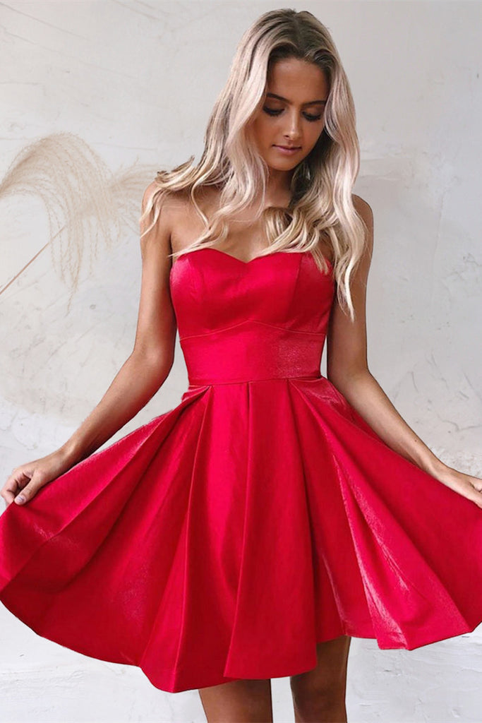 Cute A-line Strapeless Red Satin Short Homecoming Dress