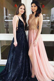 A-line Deep V-Neck Sequins Long Prom Dress