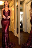 Shiny Mermaid V-Neck Sequins Prom Dresses Evening Gowns
