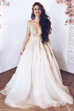 Elegant Illusion Neck Long Sleeves Tulle Wedding Dress with Appliques Bridal Dress PW633