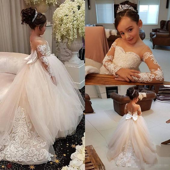 Ball Gown Round Neck Long Sleeves Tulle Bowknot Flower Girl Dresses with Appliques PM770