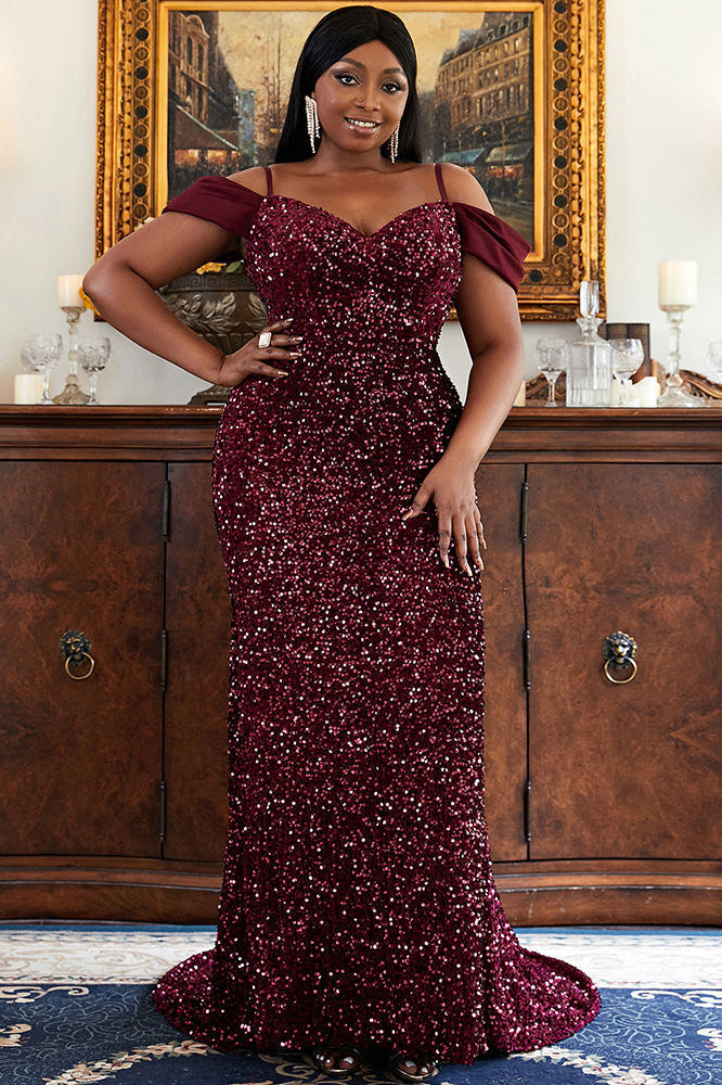 Off-the-shoulder Sweep Train Party Dress Sequin Plus Size Formal Evening Dresses