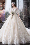 Princess Half Sleeve Ball Gown Wedding Dresses, Appliques V Neck Bridal Dresses PW774