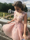 Princess Pearl Pink Tulle A-Line V Neck Floral Applique Short Cocktail Dress, Homecoming Dress H1119