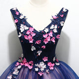 Purple Tulle V-Neck Straps Lace up Homecoming Dress with 3D Flowers Dance Dress H1234