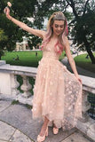 Elegant A Line Pink Backless High Low Spaghetti Straps Prom Homecoming Dresses PH791