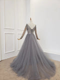 A Line Long Sleeves V Neck Gray Tulle Prom Dress with Beading Evening Dress P1430