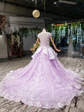 Ball Gown Lace Appliques Cap Sleeves Long Prom Dress Quinceanera Dress P1524