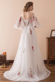 Charming Off the Shoulder Tulle Ivory V Neck Appliques Prom Dresses PD11