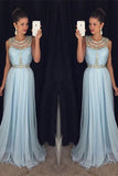 Light Blue Chiffon Round Neck Sequins Long Formal Dress Evening Dress