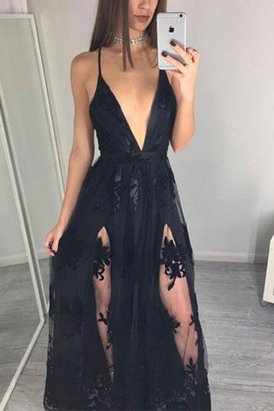 Sexy Black Tulle Lace Appliques V-Neck See-Through Evening Dress