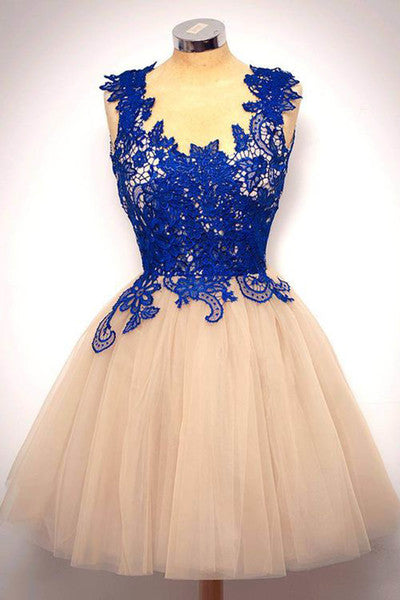 Navy Blue Tulle Lace Round Neck A Line Short Party Dresses