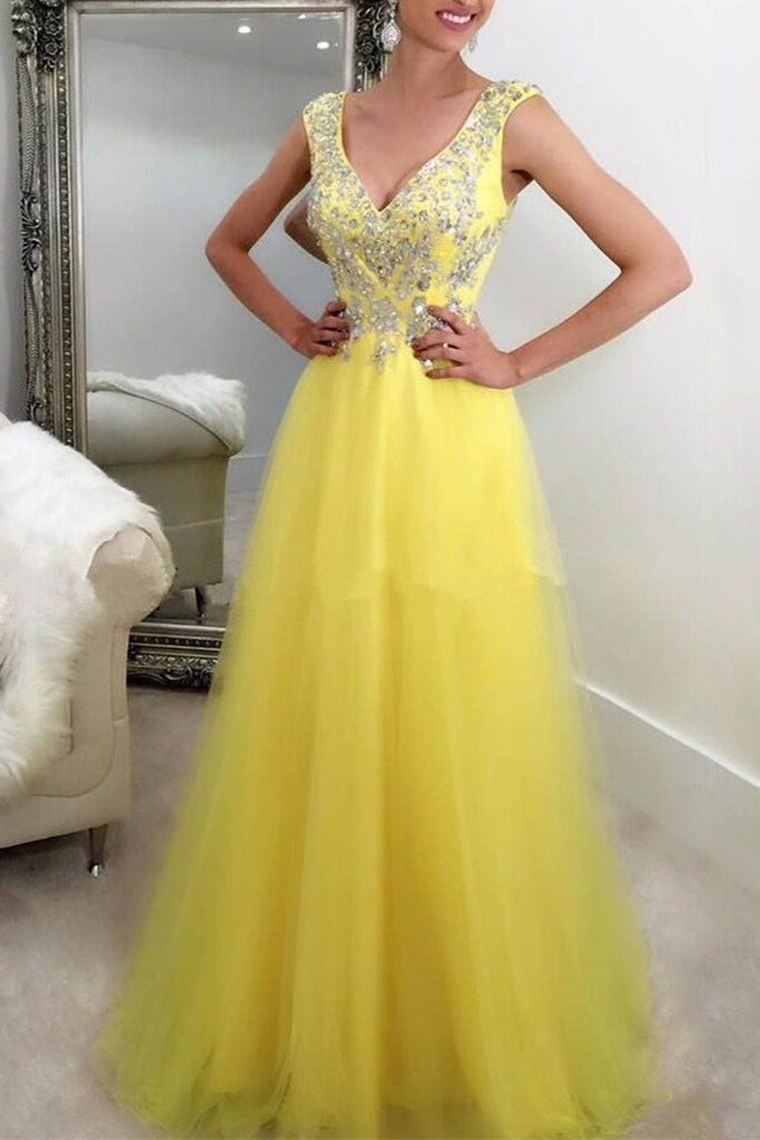 A Line Yellow Tulle Sequins Beading V-Neck Prom Dresses