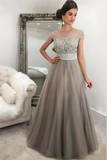 Gray Tulle Beading Off-ShoulderA Line Long Prom Dresses