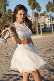 Cute Organza Lace Two Pieces Round Neck Short Homecoming Dresses