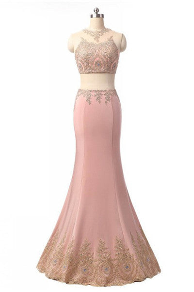 Elegant Pink Chiffon Lace See-Through Two Pieces Evening Formal Dresses