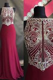 Red Chiffon Beading Round Neck Slim-Line Long Dresses Evening Dresses