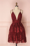 Burgundy V-Neck Lace Short Backless Homecoming Dresses N375