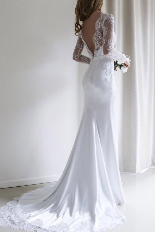 Elegant Lace Long Sleeves Mermaid Backless White Long Wedding Dress with Train PM164