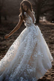 A Line Ivory V Neck Country Wedding Dresses with Appliques, Beach Wedding Gowns W1237