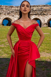 Red Off-The-Shoulder Satin Prom Dresses With Split PD0609