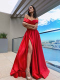 A Line Party Dresses Satin Red Off-the-Shoulder Prom Dresses With Front Split PD0238