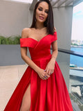 A Line Party Dresses Satin Red Off-the-Shoulder Prom Dresses With Front Split PD0238