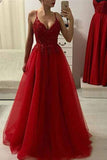 Red A Line Spaghetti Straps Beads Tulle Evening Dresses V Neck Long Prom Dress PW587