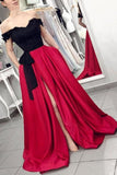 Red Off the Shoulder Satin Black Appliques V Neck Prom Dresses with Pockets PW646