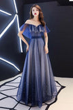 Romantic Scoop Lace up Prom Dresses Blue Floor Length Evening Dresses with Tulle P1052