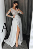 Stylish A Line V Neck Long Sleeves Split Front Gray Chiffon Long Prom Dresses PM327