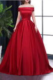 Chic A-Line Off-the-Shoulder Satin Simple Red Sleeveless Lace up Long Prom Dresses uk PH182