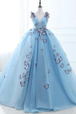 Ball Gown Long Sky Blue Butterfly V Neck Appliques Lace up Prom Quinceanera Dresses uk PH848