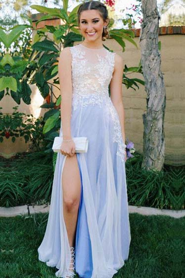 See Through Side Slit Pale Blue Lace Chiffon Scoop Prom Dress Prom Dresses uk PW375
