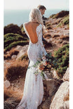 See Through V Neck Lace Rustic Wedding Dresses Long Sleeve Mermaid Wedding Dress PW812