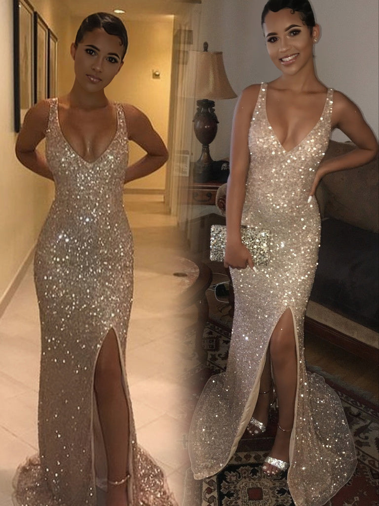 Sexy Champagne Mermaid V-Neck Sequins Side Slit Prom Dresses PW540