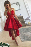 Sexy High Low Red Spaghetti Straps V Neck Homecoming Dresses Short Cocktail Dresses H1183