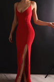 Sexy Mermaid Spaghetti Straps V Neck Red Side Slit Satin Long Prom Dresses PW574
