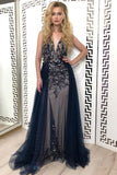 Sexy Navy Blue Tulle Sequins V Neck Prom Dresses, Long Backless Formal Prom Dress PW799