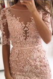 Sheath Pink Lace Appliques Beads Homecoming Dresses with Half Sleeve Prom Dresses PW833