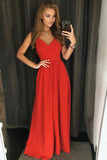 Simple A Line Red Spaghetti Straps V Neck Backless Prom Dresses, Long Party Dresses PW705