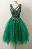 Simple A Line V Neck Short Green Tulle Homecoming Dress With Appliques Beading H1000