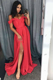 Simple Cold Shoulder Red Satin Straps Prom Dresses A Line with Split Evening Dresses PW668