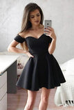 Simple Off the Shoulder Black Homecoming Dresses Sweetheart Satin Short Prom Dresses H1089