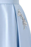 Royal Blue Satin Strapless Beads Lace up Floor Length Prom Dresses with Pockets P1035