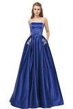 Simple Royal Blue Satin Strapless Beads Lace up Floor Length Prom Dresses with Pockets P1035