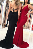 Simple V Neck Mermaid Backless Black Spaghetti Straps Prom Dresses Long Party Dress P1155